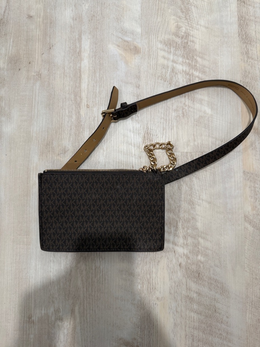 Michael Kors Brown Monogram Crossbody Belt Bag with Gold Chain